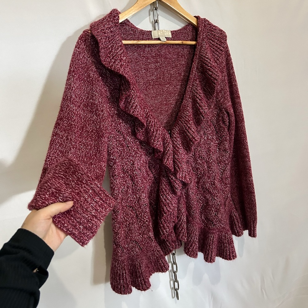 Burgundy Shimmer Ruffle Cardigan - Picture 2 of 4
